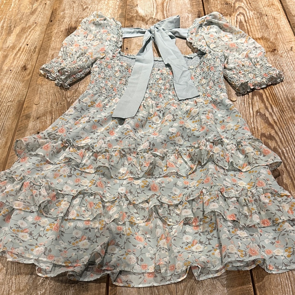 NanaMacs Floral Ruffle Mini Dress - Blue and Orange